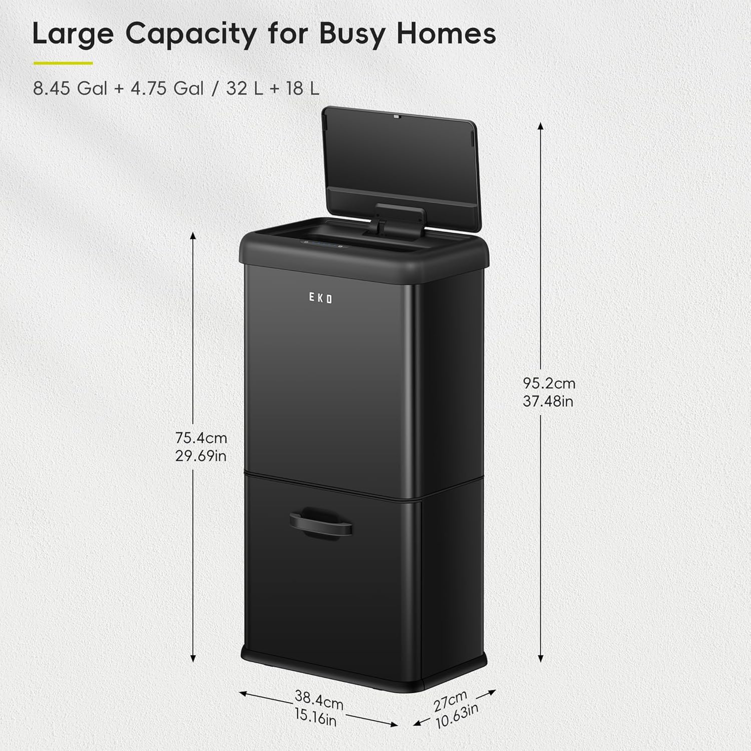 EKO Vintage 50L / 13.2 Gallon Motion Sensor Trash Can, Dual Compartment 32L + 18L Stainless Steel Kitchen Garbage Bin, Touchless Automatic Waste & Recycling Bin with Lid for Home Office, Matte Black