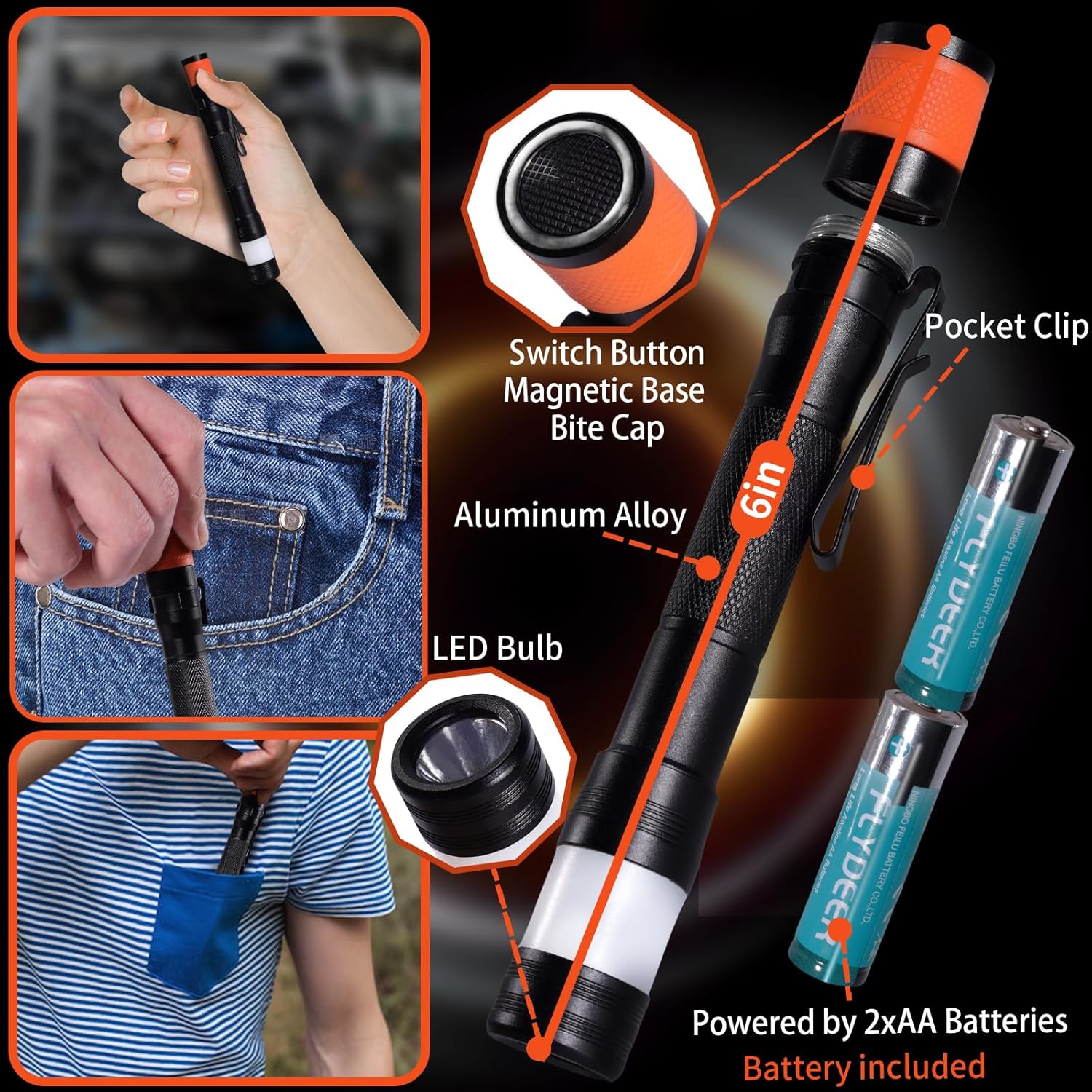 KunHe Probe 4 Pack LED 250 Lumens Pen Flashlight High Lumens with AA*8 Alkaline Batteries(Included) and Magnetic Base for Inspection Repair Engineer Gift for Husband Dad