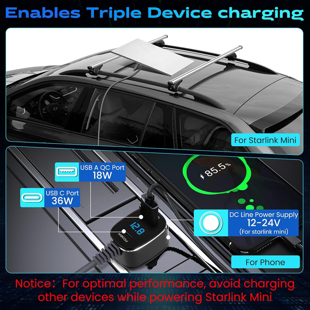 Starlink Mini Car Charger Cable, 3-in-1 Cigarette Lighter Power Adapter with Digital Display, USB C PD 36W & USB A QC 18W Ports, 12V-24V Waterproof 18AWG DC Cable for Trucks, Cars, RVs, Boats (10FT)