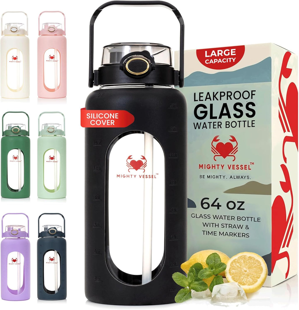 64 oz Glass Water Bottle – Black | Large Leakproof Shatter-Resistant Borosilicate Bottle with Straw, Silicone Sleeve, Time Marker – Half Gallon for Travel, Gym, Daily Intake
