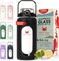 64 oz Glass Water Bottle – Black | Large Leakproof Shatter-Resistant Borosilicate Bottle with Straw, Silicone Sleeve, Time Marker – Half Gallon for Travel, Gym, Daily Intake