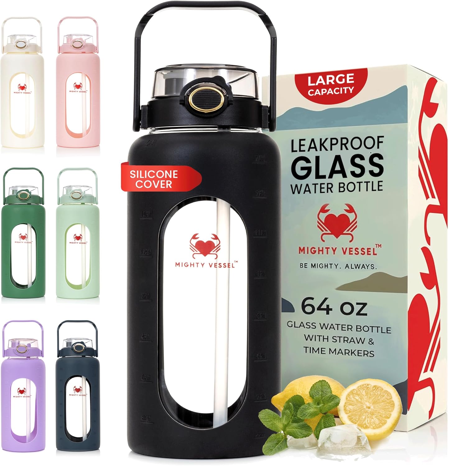 64 oz Glass Water Bottle – Black | Large Leakproof Shatter-Resistant Borosilicate Bottle with Straw, Silicone Sleeve, Time Marker – Half Gallon for Travel, Gym, Daily Intake