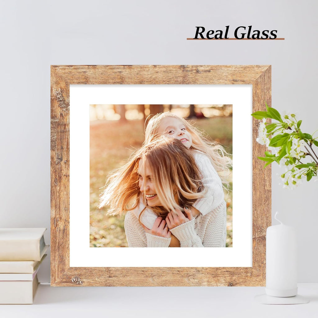 iRahmen 10x10 Picture Frame Set of 4 with Real Glass, Rustic Brown Frames Display 8x8 Picture with Mat or 10 x 10 Without Mat, Wooden Square Photo Frame for Wall Mount and Tabletop Display