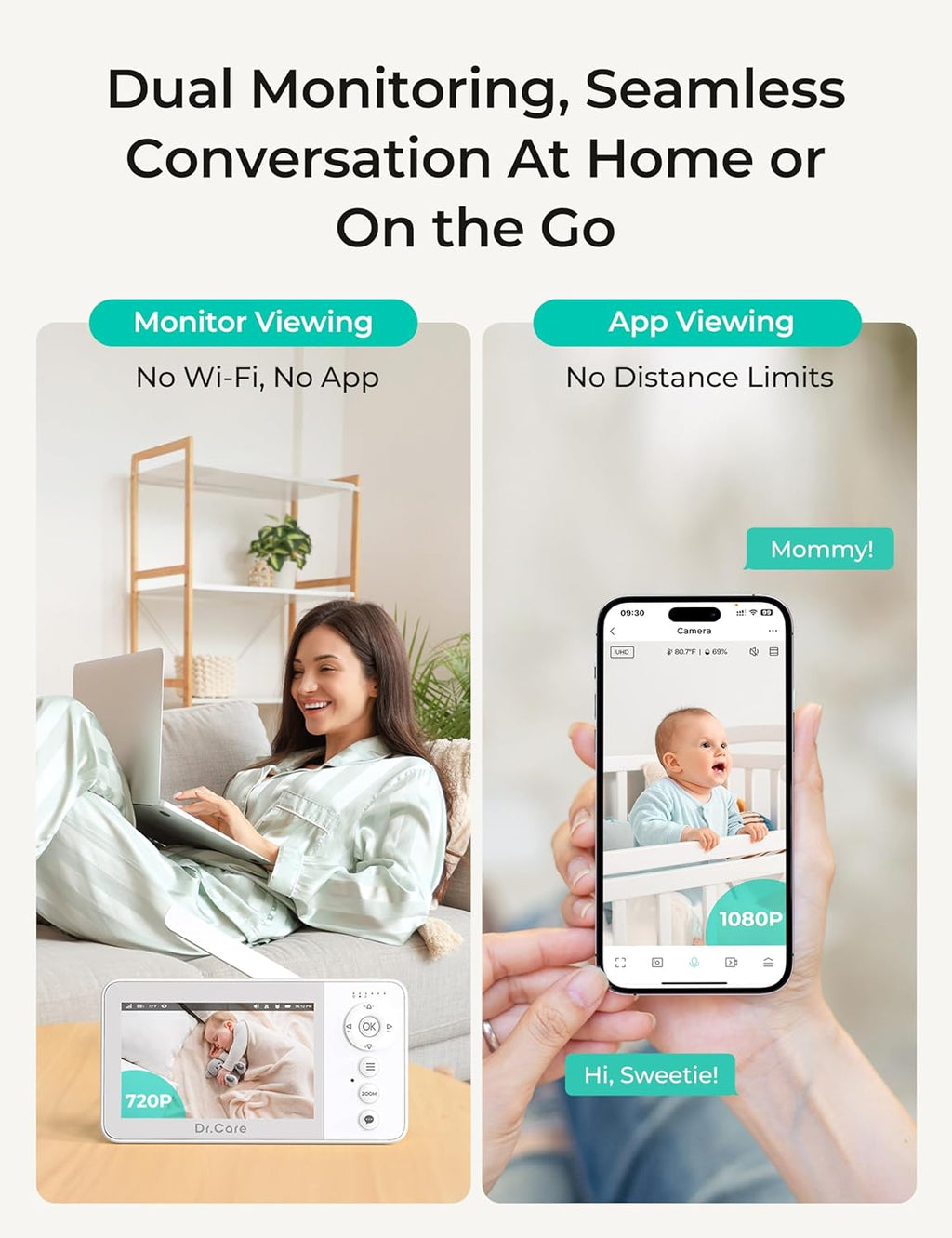 Dr.Care VistaView Lite RB Smart WiFi Baby Monitor with 2 Cameras - 4” 720P Split Screen & 1080P Camera App Control, Motion Alerts, 2500mAh Removable Battery, Night Vision, Multi-User, Triple Security