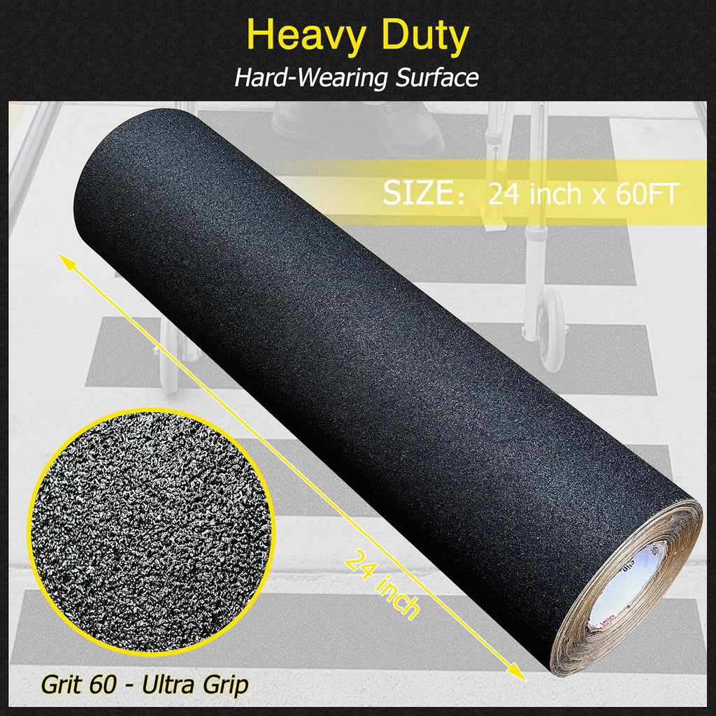S&X Anti Slip Tape 24 Inch x 60 FT Roll, Ultimate Non-Slip Skid Grip Tape for Outdoor Stair Treads, Wooden Steps & Exterior Grips, Black, Grit 60, Waterproof, Extra-Durable, Long-Lasting