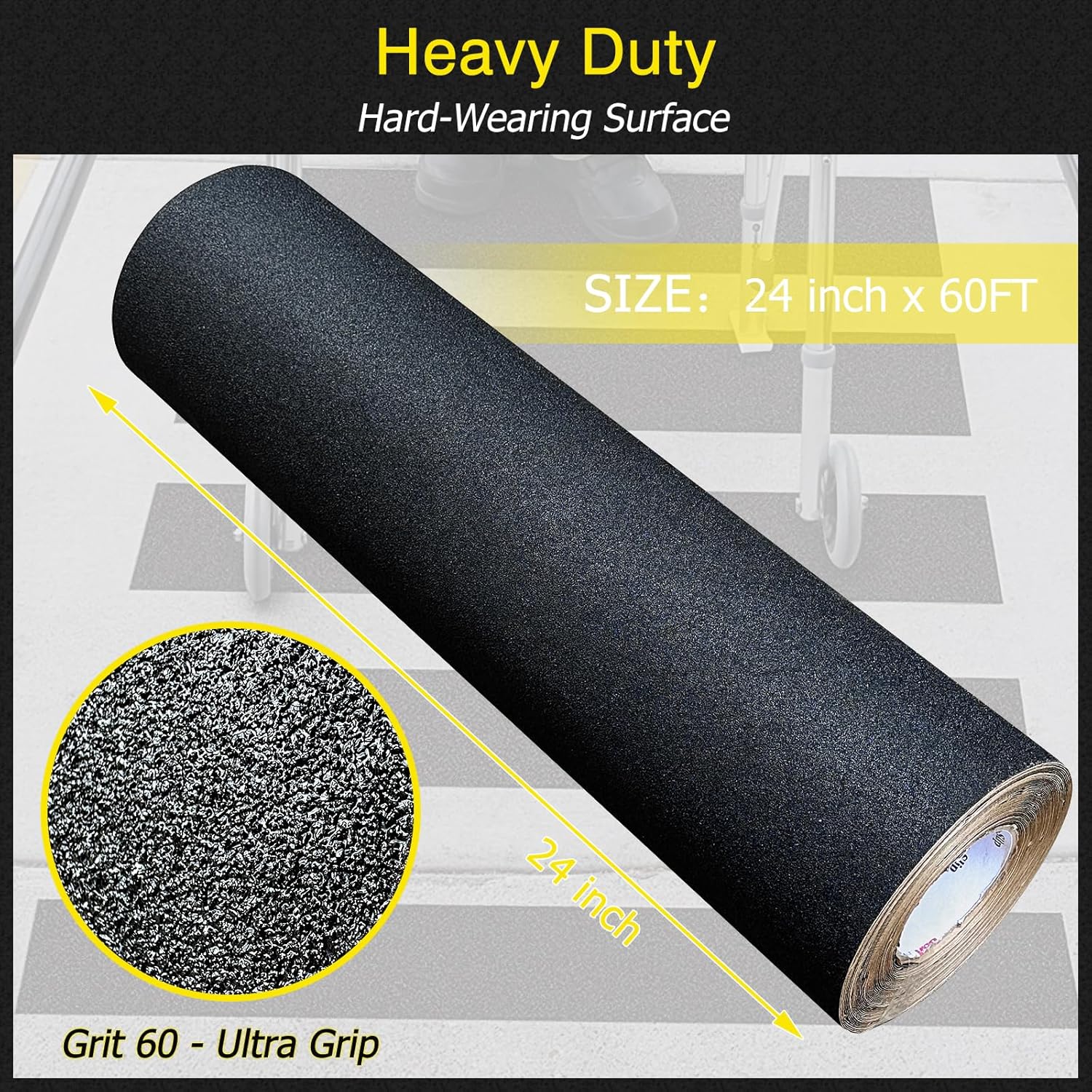 S&X Anti Slip Tape 24 Inch x 60 FT Roll, Ultimate Non-Slip Skid Grip Tape for Outdoor Stair Treads, Wooden Steps & Exterior Grips, Black, Grit 60, Waterproof, Extra-Durable, Long-Lasting