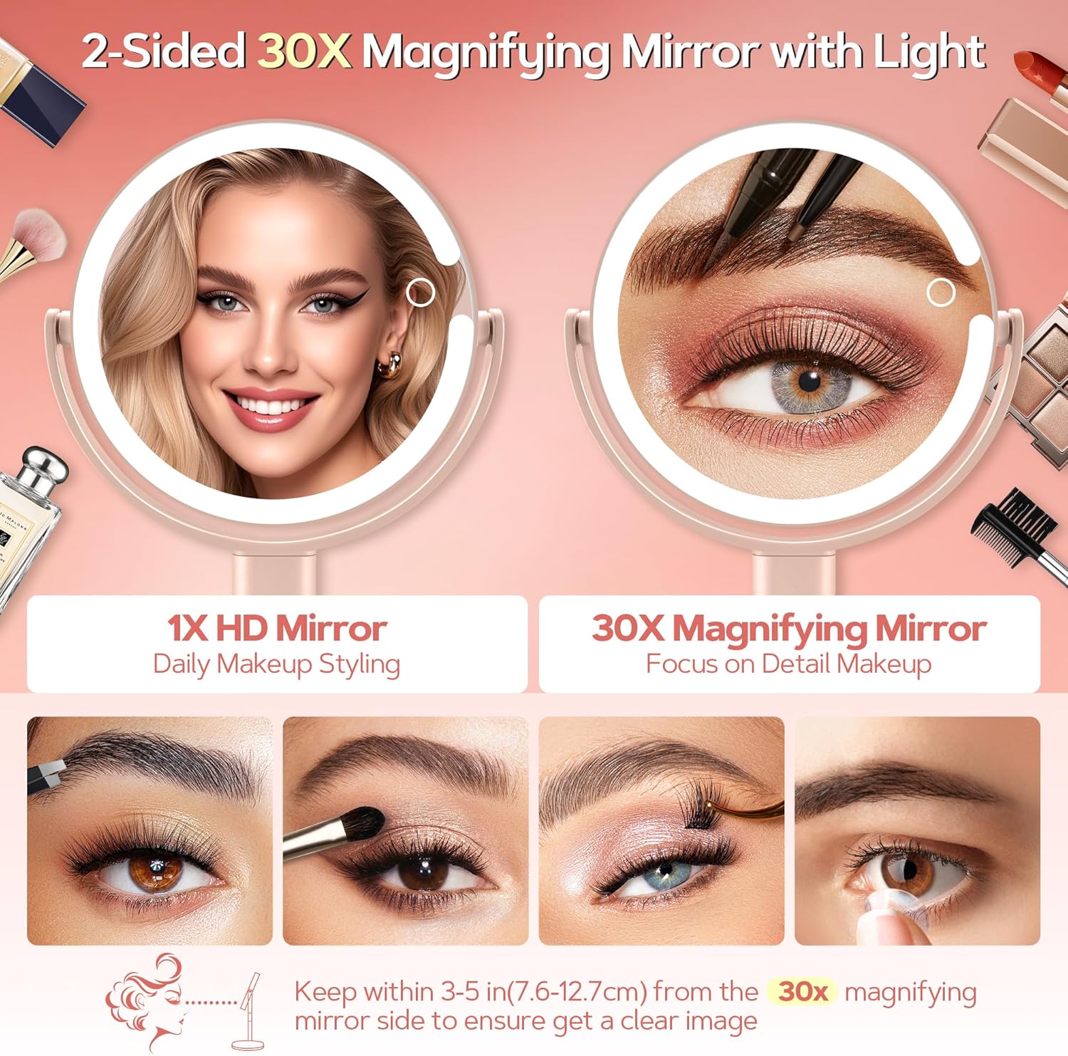 B Beauty Planet Makeup Mirror with Lights, Lighted Magnifying Mirror 30X with 3 Lighting and Adjustable Brightness, 2-Sided Height Adjustable Vanity Mirror for Bathroom, Gifts for Women Pink