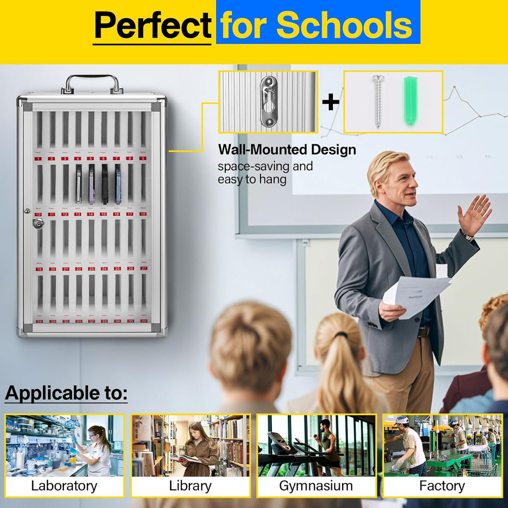 36-Slot Cell Phone Locker with Lock & Key, Heavy Duty Aluminum & Acrylic Cell Phone Storage for Classroom, Office, Retail – Wall Mount Secure Cell Phone Holder, Lock Box, Phone Jail (Silver)