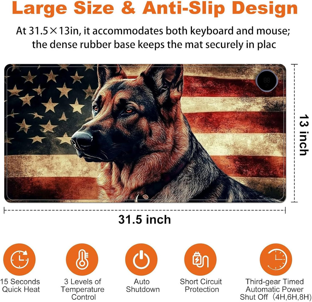 Heated Mouse Pad for Desk 31.5" x 13" – PU Leather Warm Desk Pad with 3 Heat Levels (104°F/113°F/122°F), Plug-in Electric Heating Mat with Auto Shut-Off, Waterproof & Rollable, German Shepherd