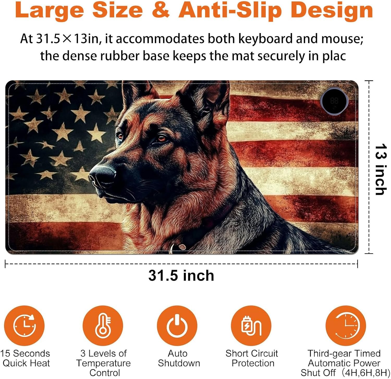 Heated Mouse Pad for Desk 31.5" x 13" – PU Leather Warm Desk Pad with 3 Heat Levels (104°F/113°F/122°F), Plug-in Electric Heating Mat with Auto Shut-Off, Waterproof & Rollable, German Shepherd
