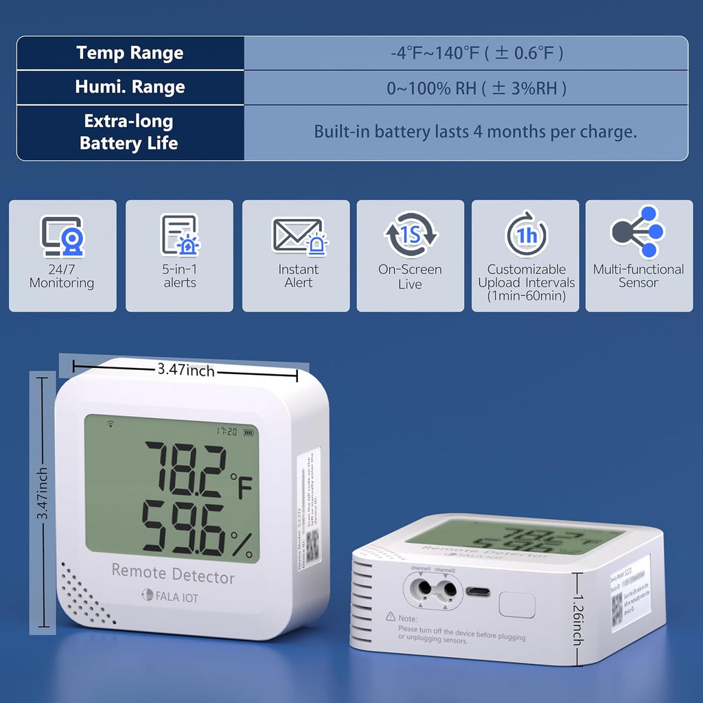 Remote WiFi Temperature & Humidity Sensor, No Subscription 24/7 Remote Temp Monitor with Email, Text Alerts, Sound & Light Alarm, Idea for RV, Pet, Greenhouse, Farm, Freezer, Server Room