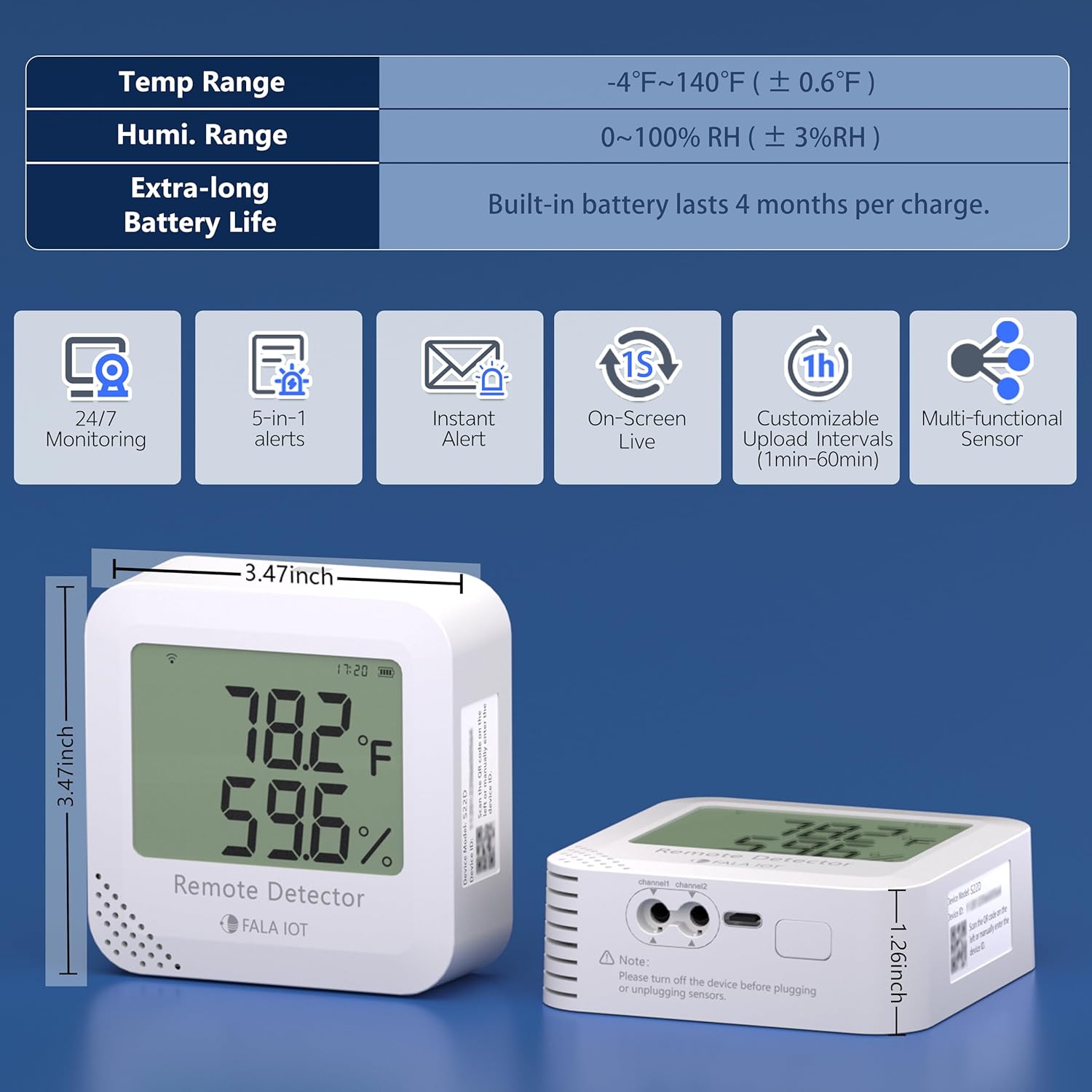 Remote WiFi Temperature & Humidity Sensor, No Subscription 24/7 Remote Temp Monitor with Email, Text Alerts, Sound & Light Alarm, Idea for RV, Pet, Greenhouse, Farm, Freezer, Server Room
