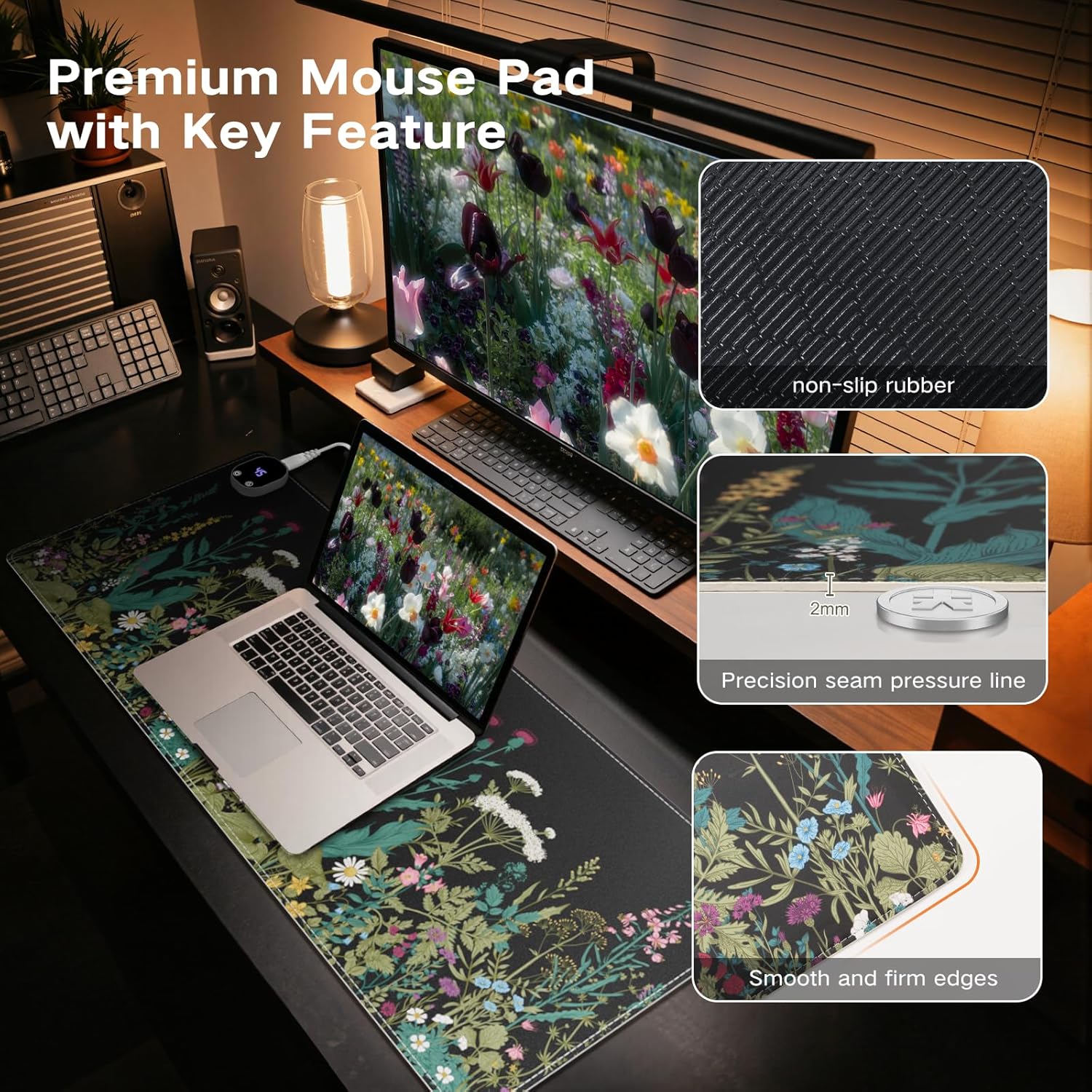 iCasso Heated Desk Pad,Heated Mouse Pad Hand Warmer, XXL Mousepad, Desk Protector Mat with 4 Heating Levels for Computer Keyboard, 35.4" x 15.7" Large Mousepad for Home Office Work (Weeds)
