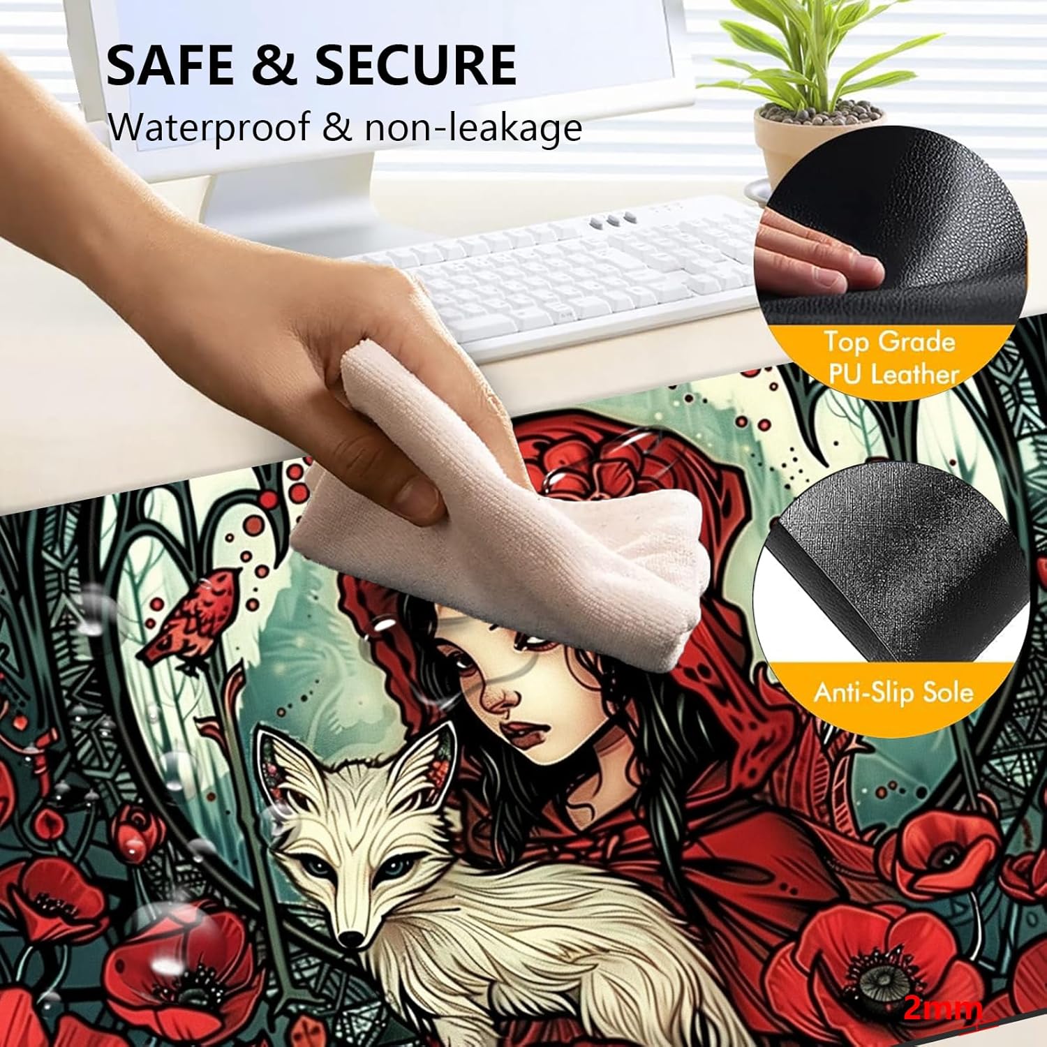 Heated Mouse Pad with 3 Levels Heated & 3 Hours Auto Shut-Off Mouse Pad for Warming Hands in Office Home, 31.5" x 13"Large Safe Desk Mat Hand Warmer，Girl White Fox