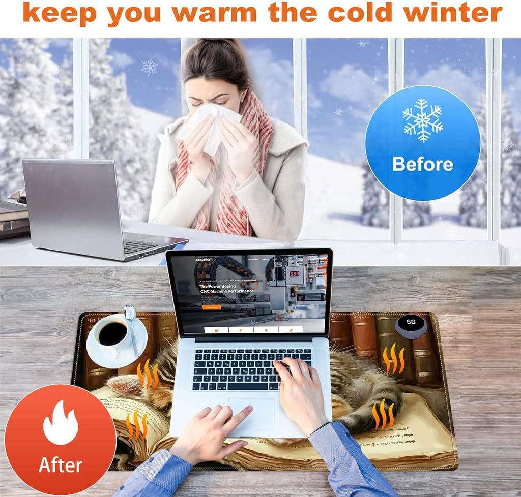 Small Heated Desk Pad 23.6" x 14.2" – Compact Electric Mouse Pad with 3 Heating Levels, Auto Shut-Off, Waterproof PU Surface, Plug-in Warmer for Office or Home Use, Kitten on Book