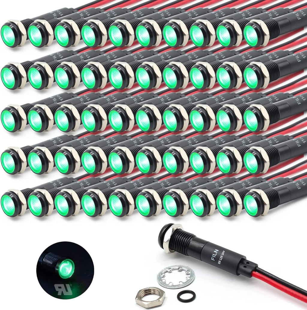 50Pcs 8MM (5/16") Indicator Light 12V 24V Metal Pilot Lamp Lights Aluminum Black Anodized Waterproof ip67 Signal Lamp(12V-24V Black Anodized-Green)