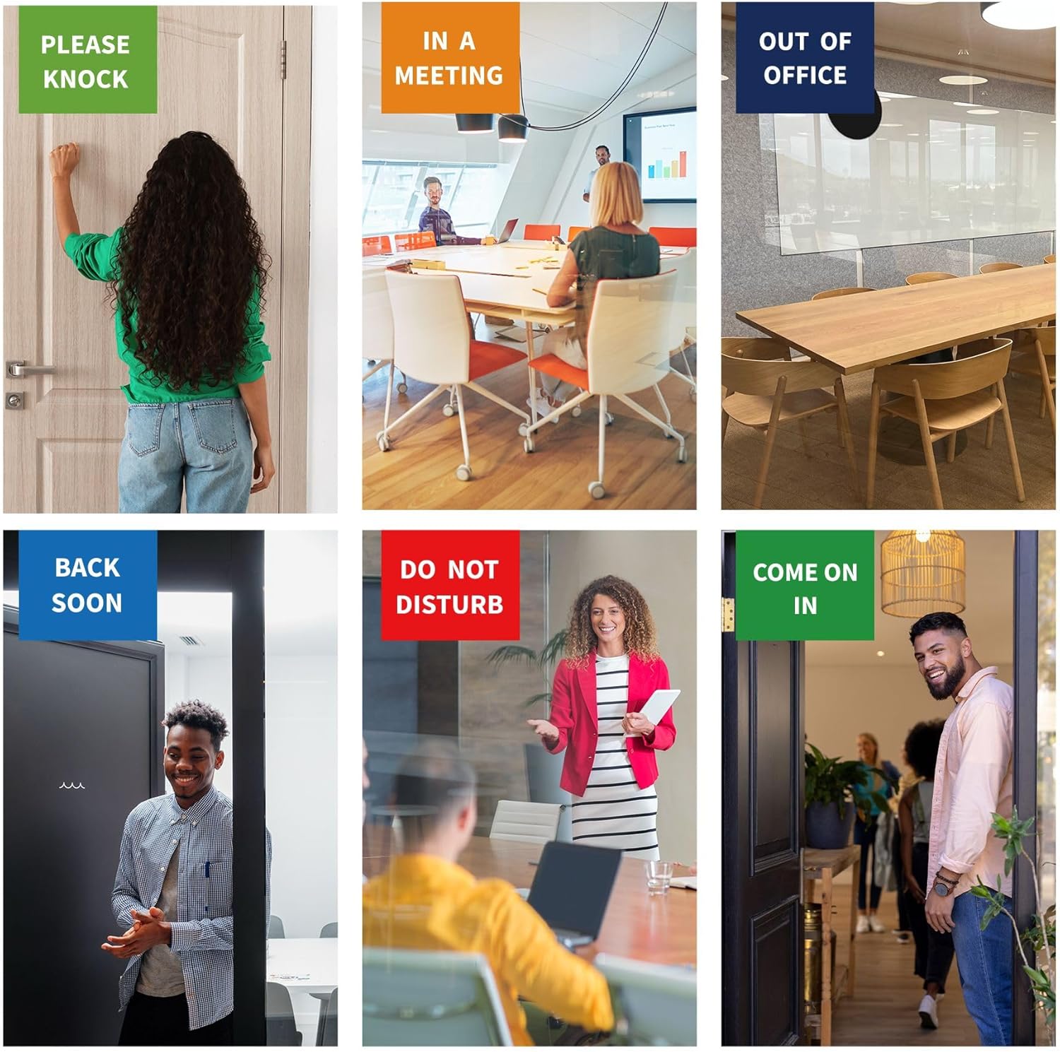 Office Door Signs- 6 Options Out Of Office Sign for Door,Do Not Disturb, In A Meeting,Please Knock, Come On In,Back Soon, Privacy Slider Sign for Meeting & Conference Room Brushed Silver