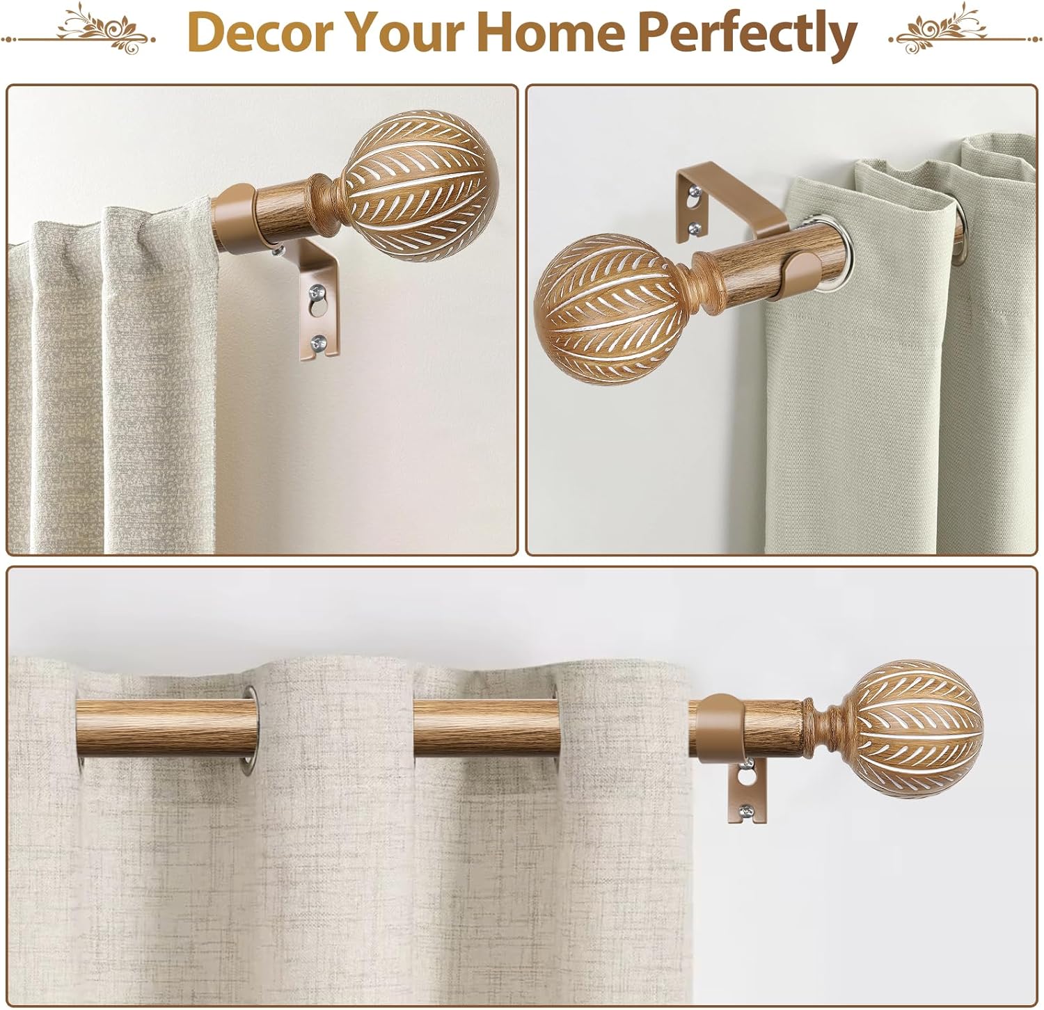 KAMANINA Wood Curtain Rods for Windows 66 to 120 Inch(5.5-10ft), 1 Inch Adjustable Drapery Rod, Decorative Heavy Duty Curtain Rods with Leaf Pattern Finials, Wood Grain