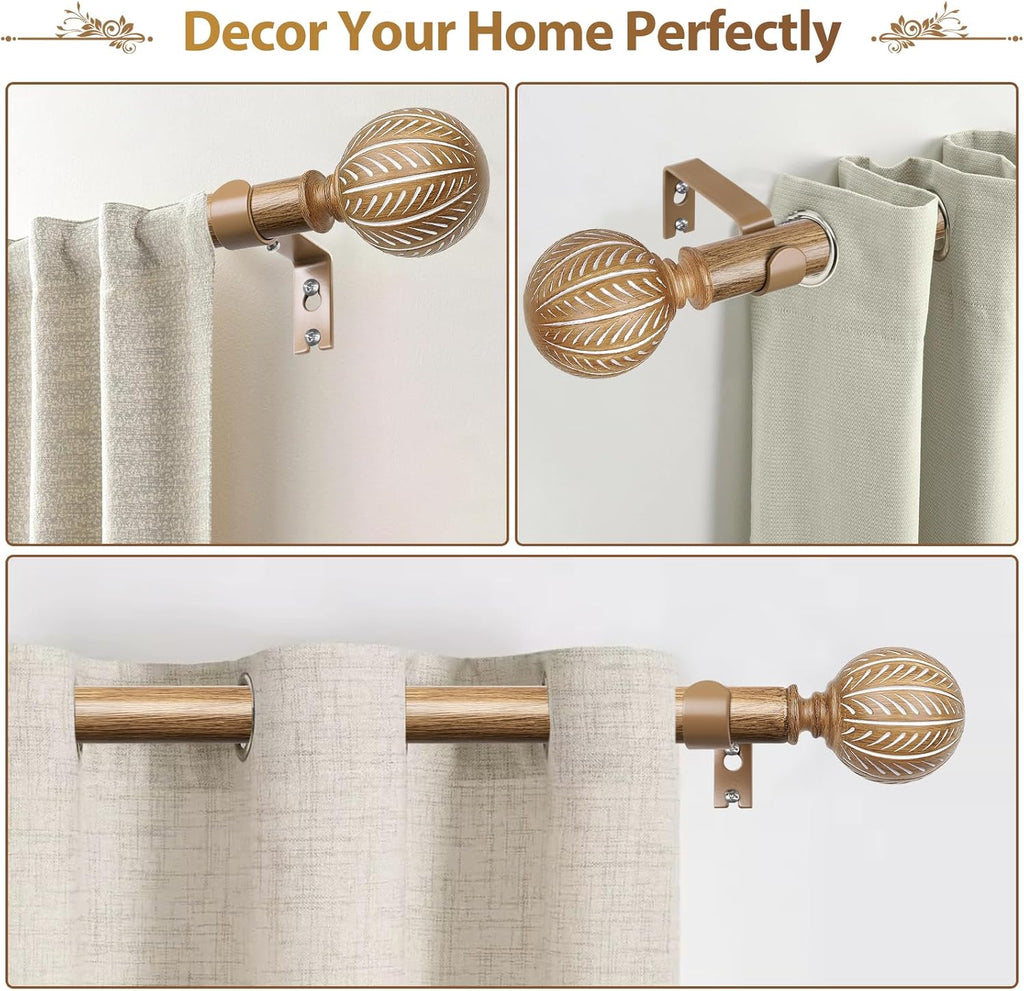 KAMANINA Wood Curtain Rods for Windows 32 to 58 Inch(2.6-4.8ft), 1 Inch Adjustable Drapery Rod, Decorative Heavy Duty Curtain Rods with Leaf Pattern Finials, Wood Grain
