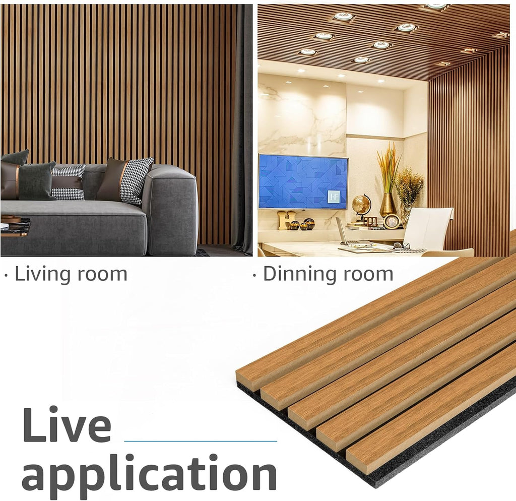 Art3d 4-Pack 94.5 x 7.9 inch Acoustic Wood Slat Wall Panels for Interior Decor, 3D Fluted Sound Absorbing Wood Paneling for Accent Wall Ceiling Kitchen Living Room Bedroom Office, Warm Teak