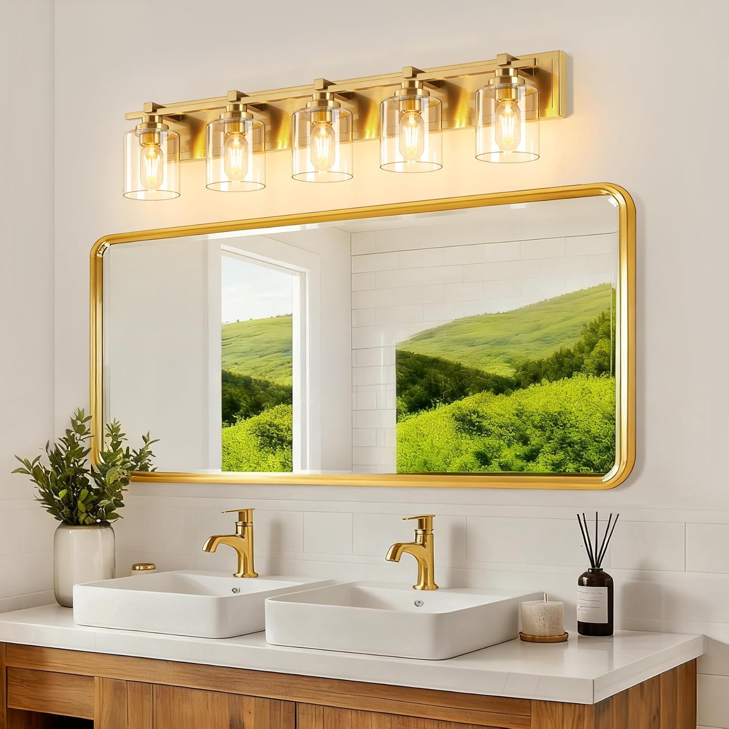 5 Light Modern Bathroom Light Fixtures Over Mirror, Brass Finish Vanity Lights for Bathroom Wall Sconces with Clear Glass Shades, E26 Socket (Bulbs Not Included)