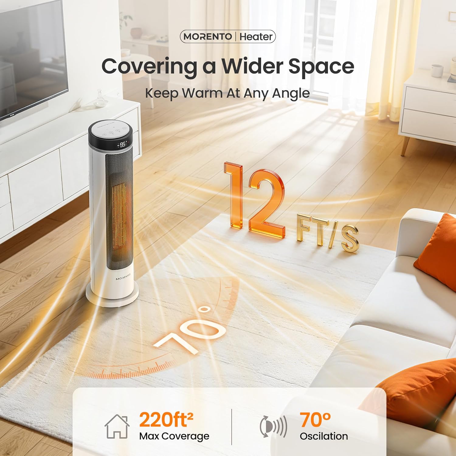 MORENTO Space Heater for Indoor Use, 1500W Ceramic Fast Heat, Electric Space Heater for Large Room with Remote, Thermostat, Digital Display, 5 Modes, 12H Timer, 70° Oscillation, 23dB White 1 Pack