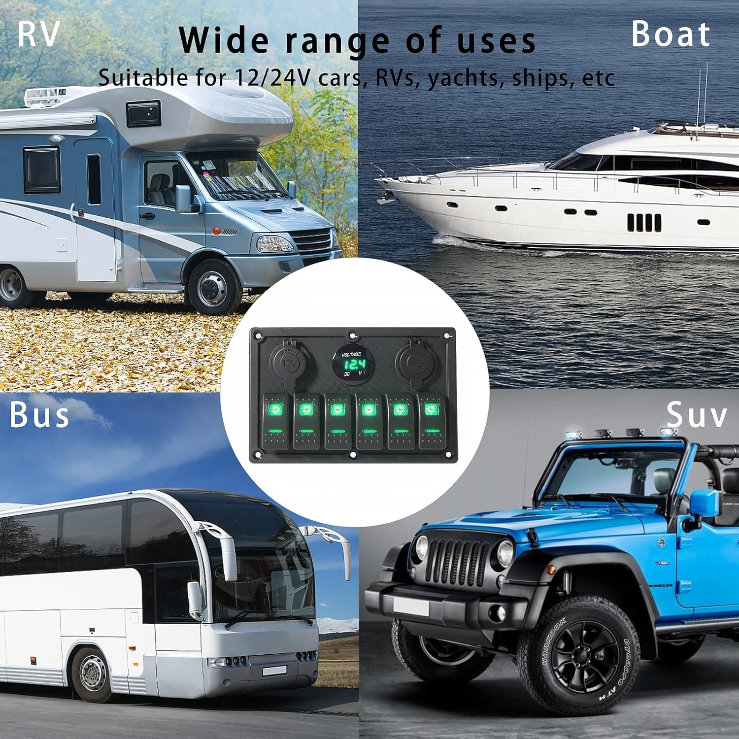 6 Gang Rocker Switch Panel, LED Digital Voltmeter with 3.1A Dual USB Charger, 12/24V Wired Toggle Switch Panel for Automotive Cars Marine Boats RVs Green