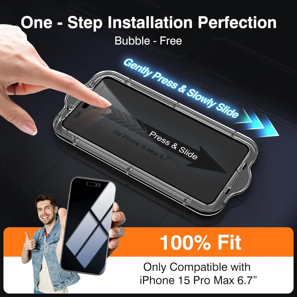 EZ-GLAZ-4 Pack for iPhone 15 Pro Max Privacy Screen Protector(6.7'') With [2 Pcs Camera Lens Protector], Anti-Spy, 9H Hardness, Drop-Resistant, Case Friendly, Anti-Scratch & EZ-To-Install Tempered Glass