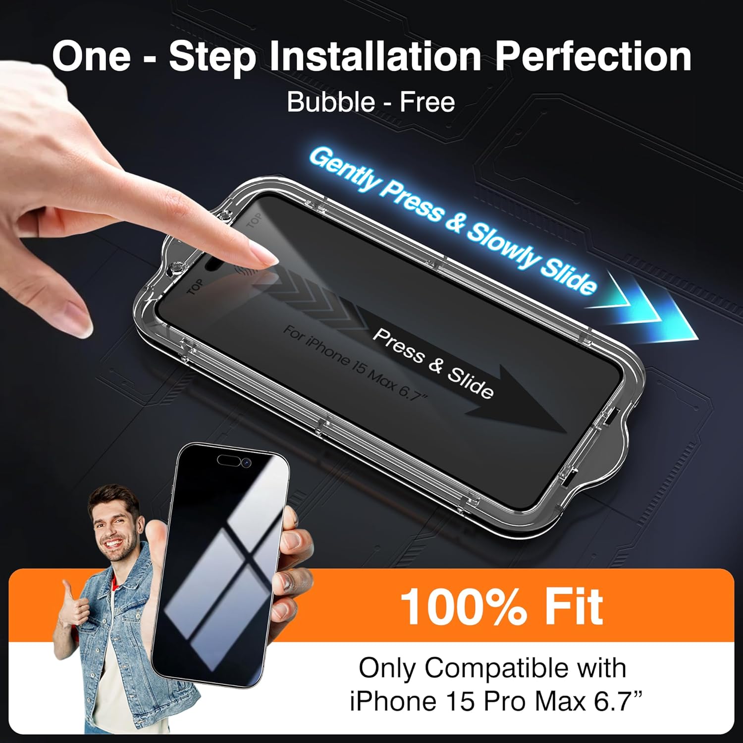 EZ-GLAZ-4 Pack for iPhone 15 Pro Max Privacy Screen Protector(6.7'') With [2 Pcs Camera Lens Protector], Anti-Spy, 9H Hardness, Drop-Resistant, Case Friendly, Anti-Scratch & EZ-To-Install Tempered Glass