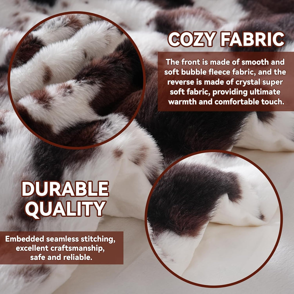 Cow Print Heating Throw Blankets Luxurious Western Soft Bubble Faux Rabbit Fur 8 Heat Settings Overheat Protection Quick Heating Electric Heated Blanket 50"x60"(Brown)
