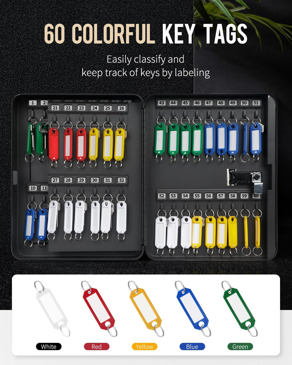 Uniclife 60 Position Key Cabinet with Combination Lock Resettable Black Digital Security Storage Box Steel Key Organizer with Colorful Large Key Tag Labels Stickers and Hooks