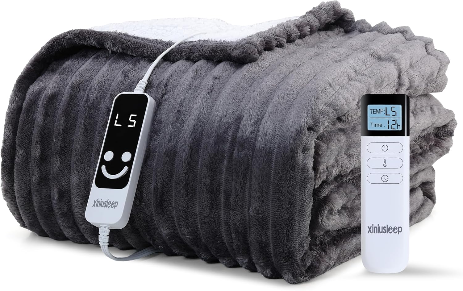 Heated Blanket Electric Blanket 62"x84", Soft Flannel Sherpa Electric Throw with 5 Heating Level & 12 Times Setting, Heated Throw with Overheating Protection, Machine Washable (Grey)