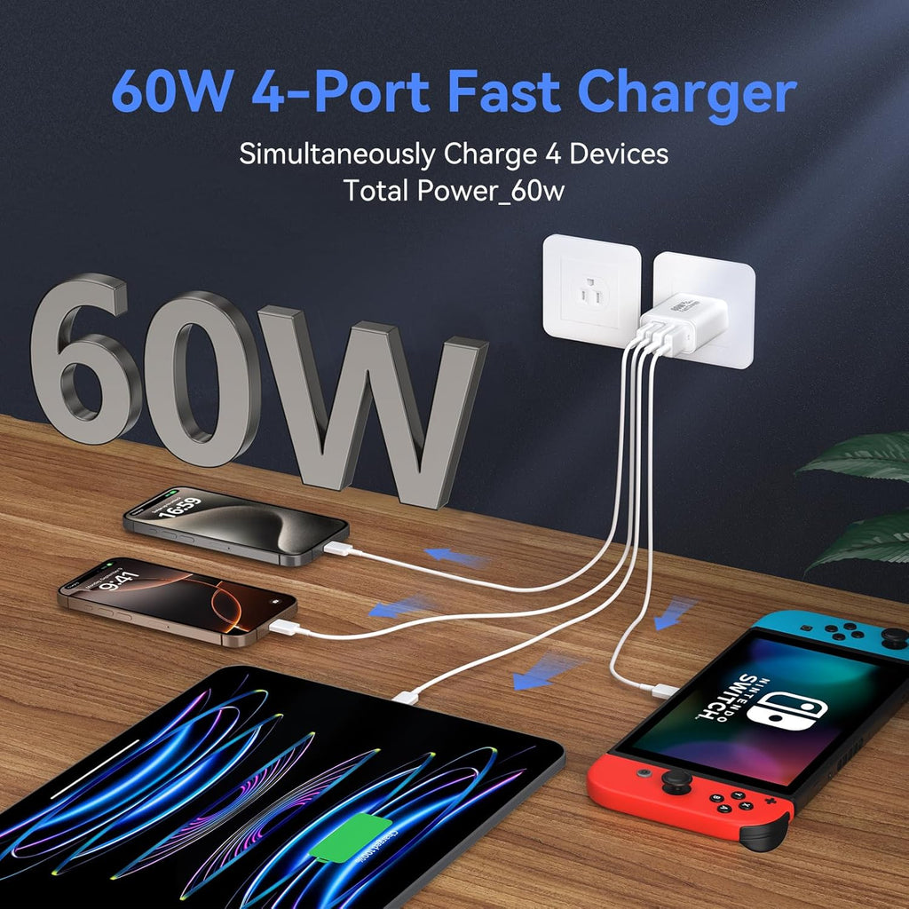 USB C Wall Fast Charger Block, 60W 4-Port Type C Charger Fast Charging Blocks +QC 3.0 USB C Multiport Charger Brick for Phone 16/15/14/13/12 Pro Max, Pad, Galaxy S24/23