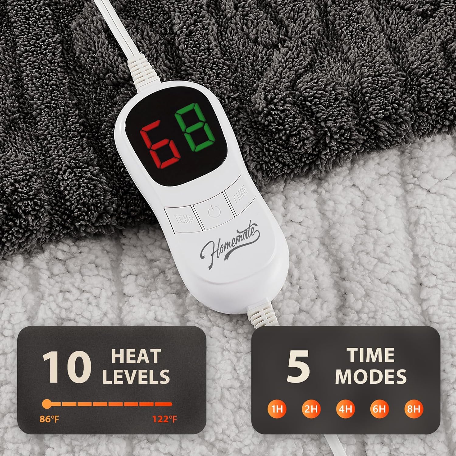 Homemate Electric Heated Blanket Twin - 62"x84" Heating Bed Blankets Throw with 10 Heating Levels 8 Hours Auto Off Fast Heating Over-Heated Protection Ultra Soft Warm Flannel ETL Certified