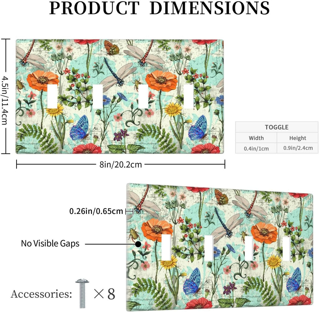 Dragonflies Flowers Butterfly 4 Gang Quad Toggle Outlet Light Switch Cover Decorative Wall Plate Cover For Home Living Bedroom Kitchen Decorative