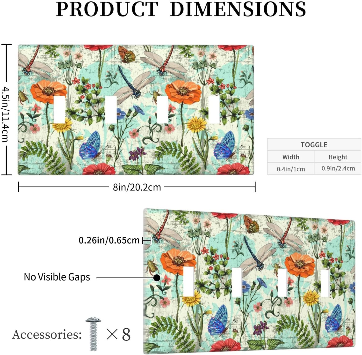 Dragonflies Flowers Butterfly 4 Gang Quad Toggle Outlet Light Switch Cover Decorative Wall Plate Cover For Home Living Bedroom Kitchen Decorative