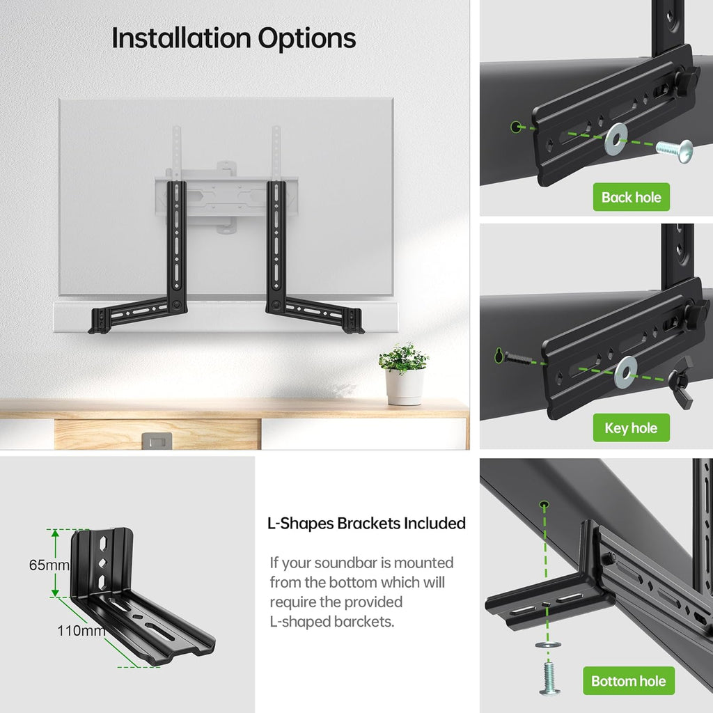 USX MOUNT Soundbar Mount, Sound Bar Mount for Mounting Above or Under TV, Fits Most of Sound Bars Up to 16 Lbs, with Detachable Extension Plates
