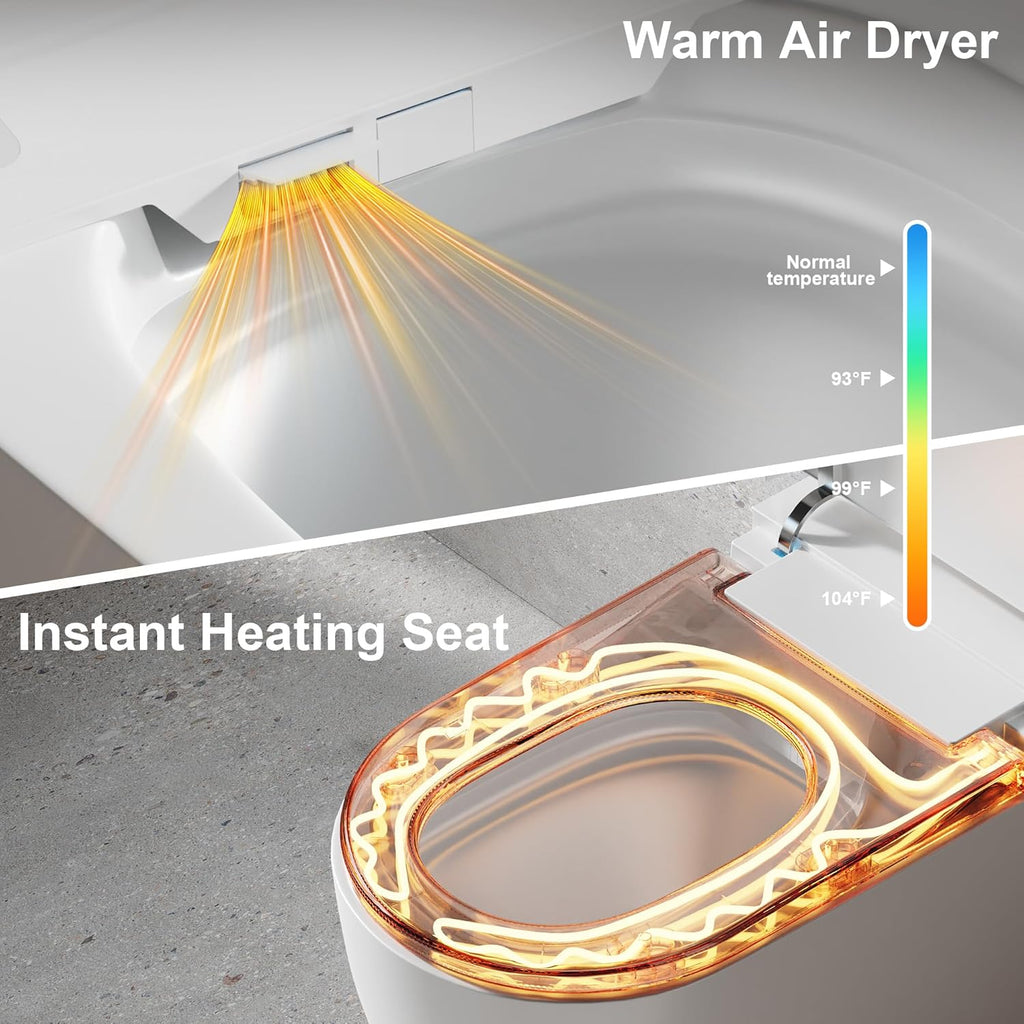 Smart Toilet with Bidet Built in, Bidet Toilet with Heated Seat and Night Light,Warm Water Wash&Dry, Modern Tankless Toilet for Bathroom, One Piece Toilets with Soft Close, Foot Sensor, Auto Lid&Seat