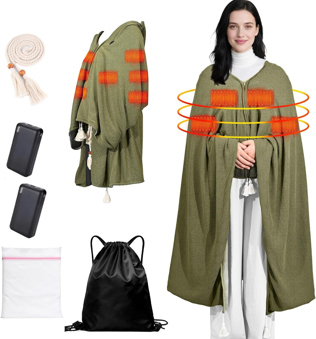 Wearable Heated Blanket Shawl 71" × 43", Includes 2× 20000mAh 22.2W Power Bank, 11 Heating Zones, 3 Heat Levels & 1–6H Timer, 20s Fast Warm, Machine Washable for Camping/Office/Travel (Green)