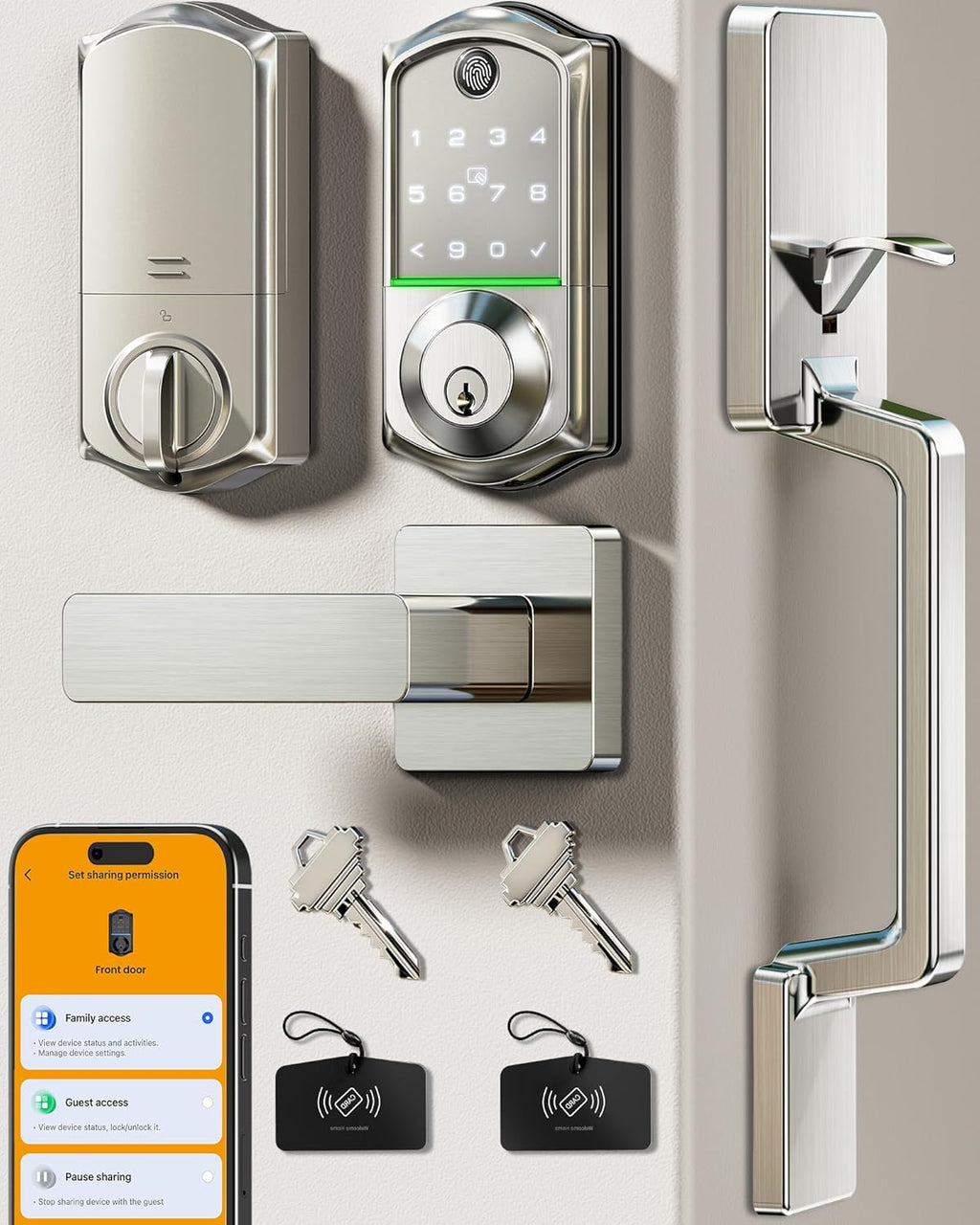 Veise VE017-D Fingerprint Smart Front Door Lock Set, App Control, 8-in-1 Keyless Entry Deadbolt with Lever Handle, Emergency Power Port, Auto Lock, Touchscreen Keypad, Easy Install, Satin Nickel