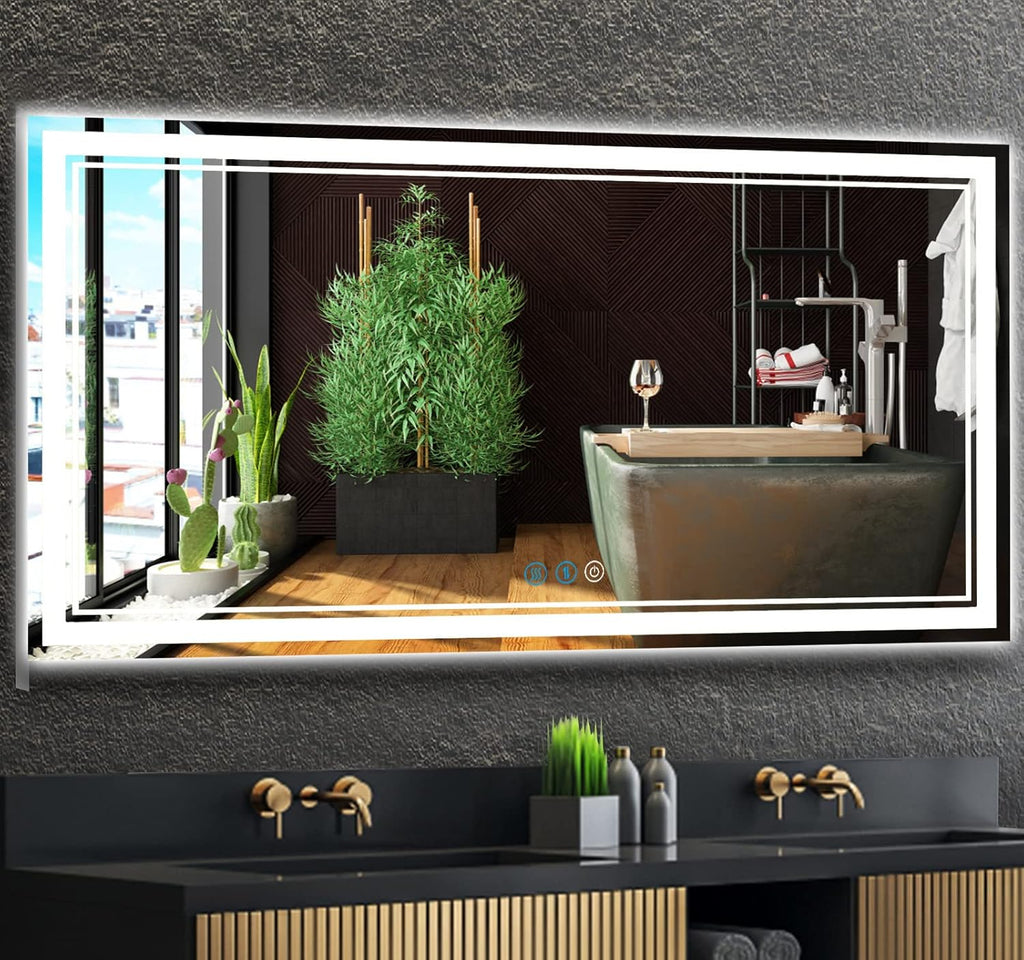 60 x 30 Inch Bathroom Lighted Vanity Mirror with Lights Large 60 Inch LED Mirror for Bathroom 3 Color Double Lights Dimmable Antifog Horizontal Vertical 60" Smart Light up Wall Mirrors