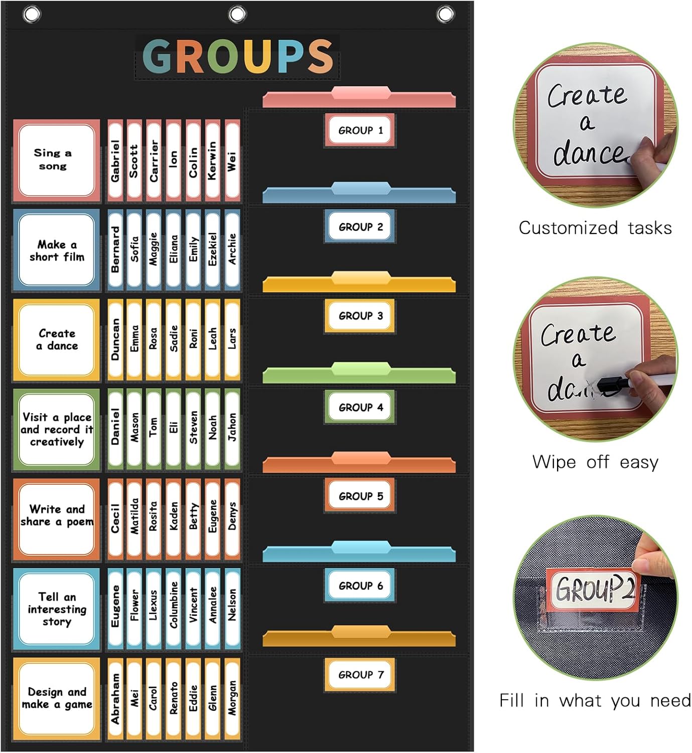 REGELETO Boho Small Group Management Pocket Chart with 114 Cards, Large Size 46 x 26.3 inch Classroom Small Group Organizer for School Teacher Homeschool Learning Supplies (Black)