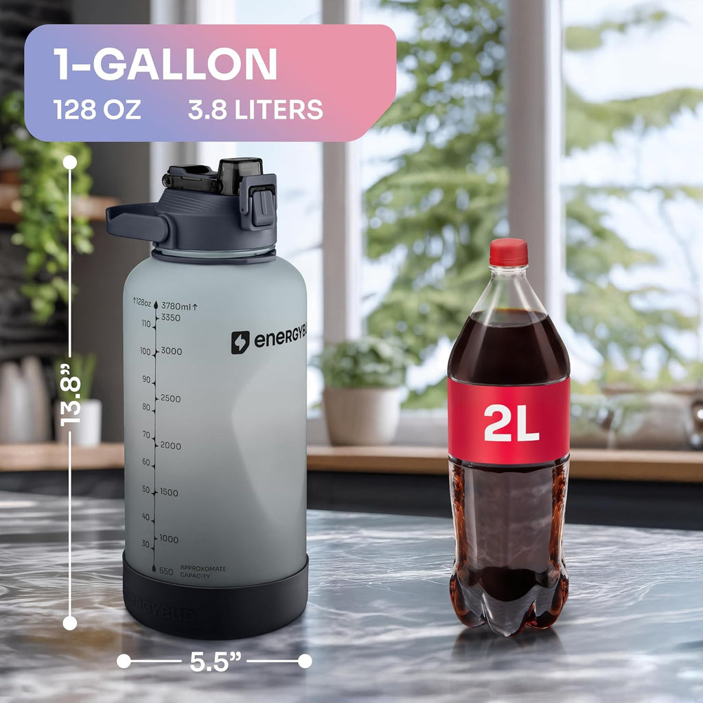1 Gallon Water Bottle With Straw Dishwasher-Safe BPS & BPA Free, 2 Cleaning Brush Motivational 128oz Water Jug with Time Markers, Wide-Mouth Tritan, Gym & Exercise Equipment(Clear & Black)