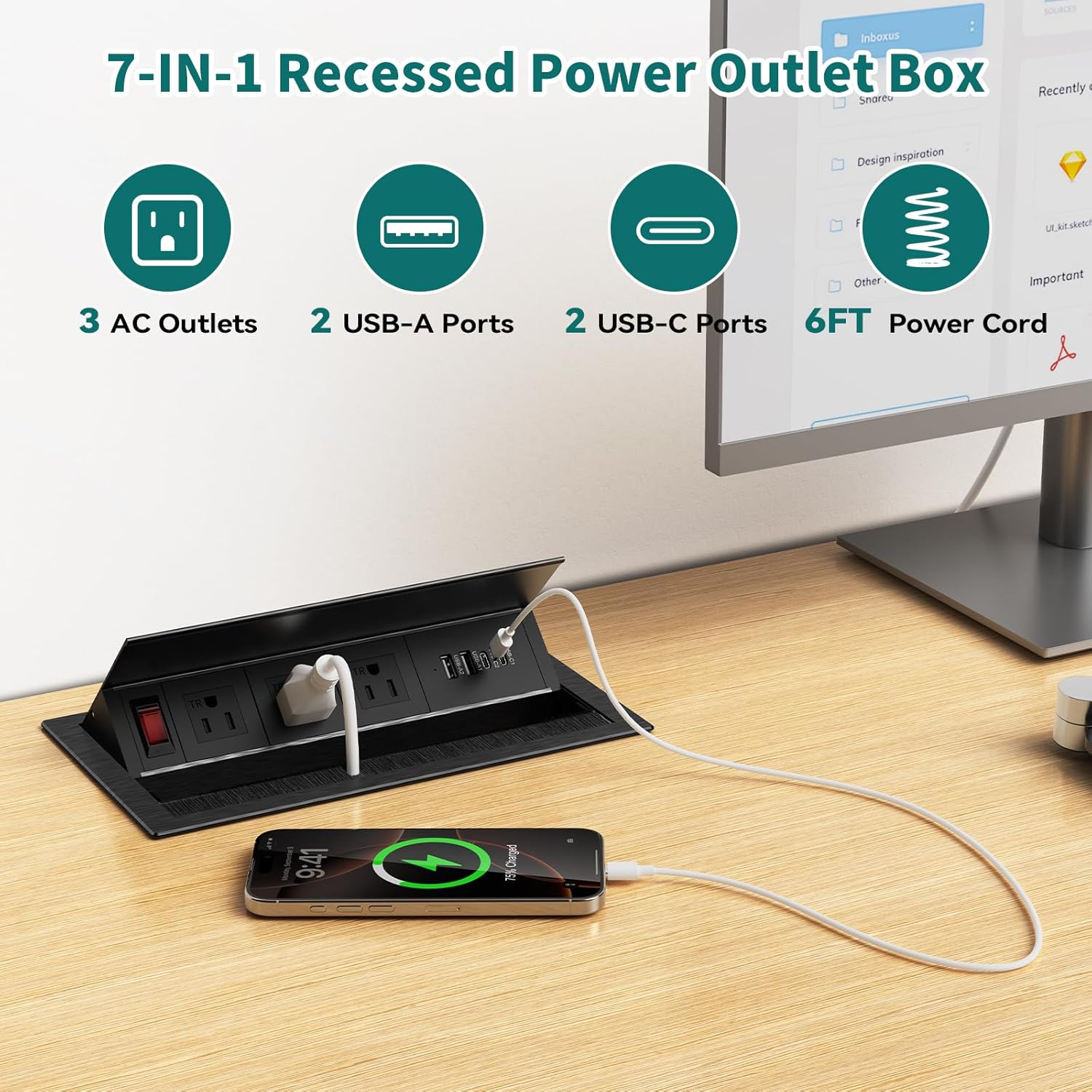 QBA Tabletop Brush Connectivity Box Outlet, Recessed Power Strip with USB-C 30W, 3 TR Outlets, 4 USB Ports, for Home Office, Black