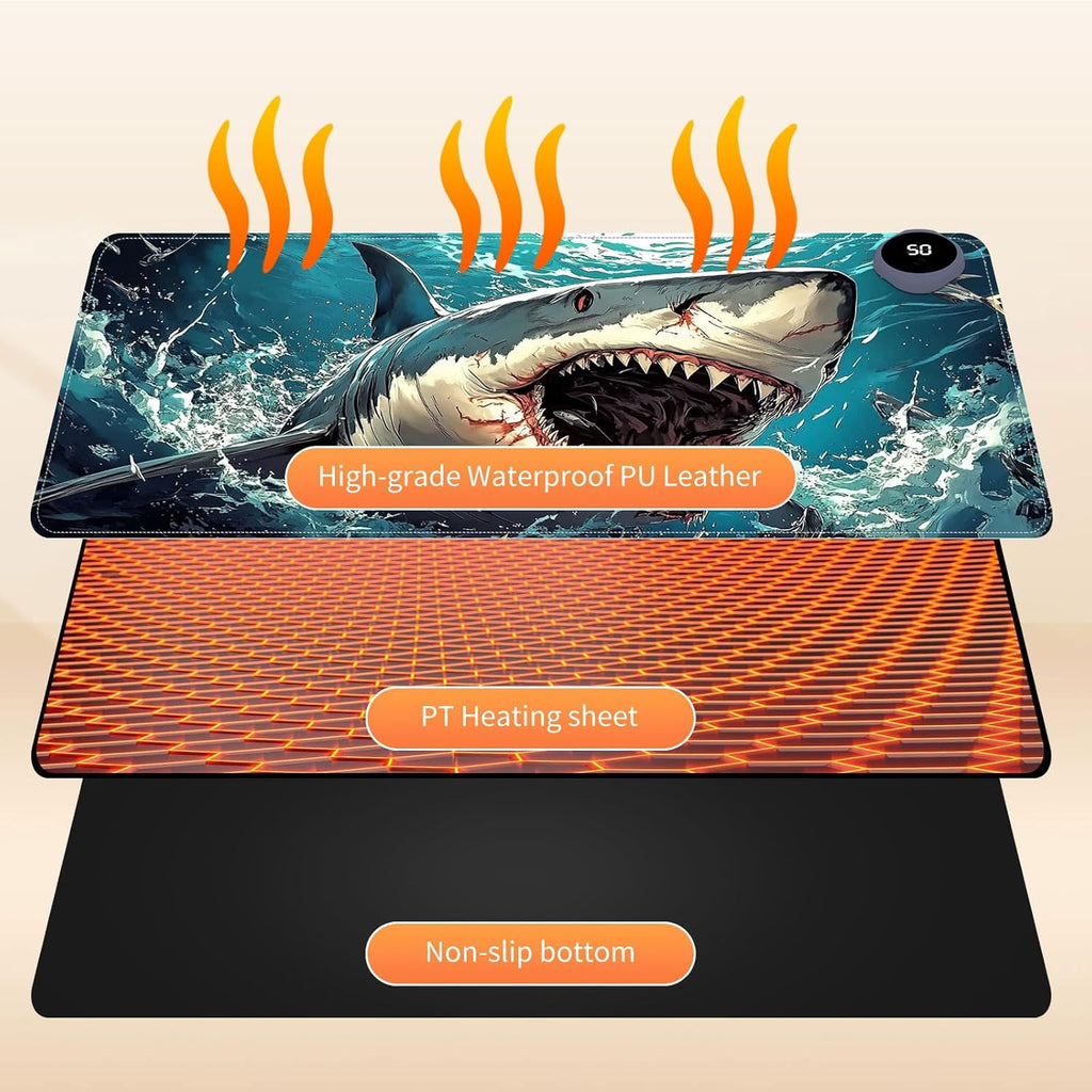 Small Heated Desk Pad 23.6" x 14.2" – Compact Electric Mouse Pad with 3 Heating Levels, Auto Shut-Off, Waterproof PU Surface, Plug-in Warmer for Office or Home Use, Angry Shark