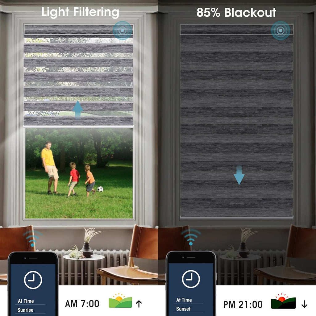 SmartWings Motorized Zebra Shades - Compatible with HomeKit, Alexa, SmartThings, Google - Remote Control Light Filtering Sheer Shades, 85% Blackout, for Smart Home/Office, Grey, Customized