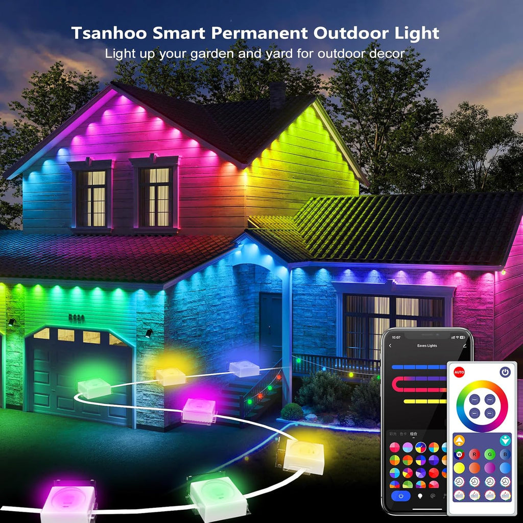 Smart Permanent Outdoor Lights, 100ft Smart Eave Lights with 72 LED Bulbs IP67 Waterproof DIY Multicolor for Daily, Festival, Party, Garden, House Decor, Work with APP/Alexa/Google Assistant