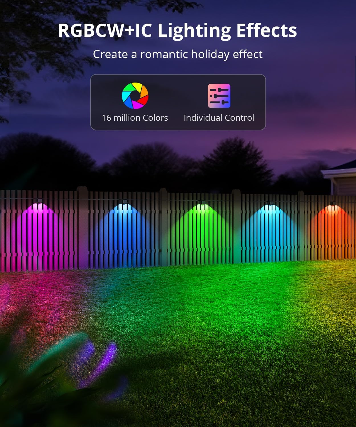 Outdoor Deck Lights 24 Packs, Smart RGBCW Fence Light, 100+ Scene Modes, Dual Lens LED String Lights with APP/Voice/Remote Control, IP65 Waterproof for Halloween Christmas Decor, 157ft Black