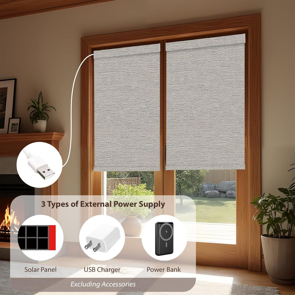 Motorized Roller Blinds with Remote, 100% Blackout Automatic Roller Shades for Bedroom, Bathroom, and Living Room, Customized Size, Pebble Grey Beige