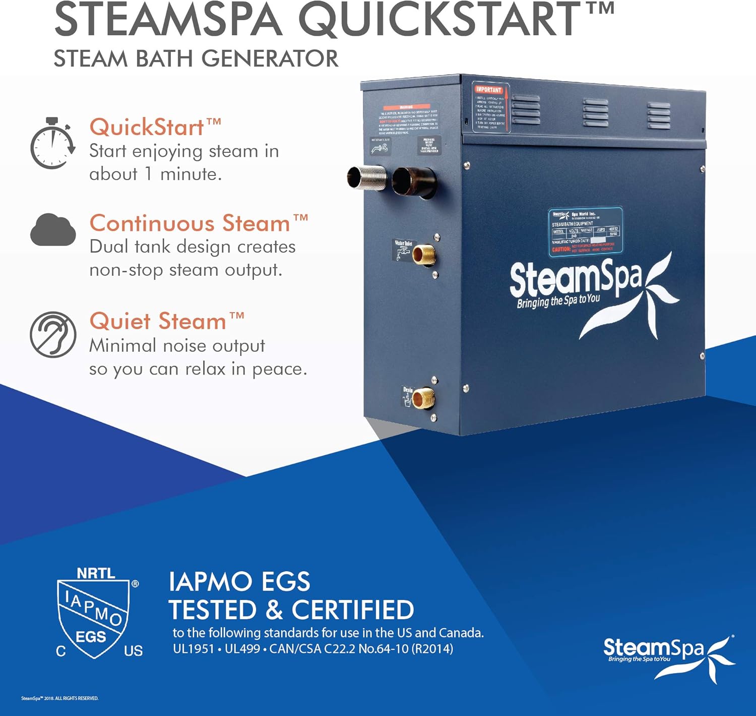 SteamSpa 6kW Quickstart ACU-Steam Bath Generator, Touch Pad Control Panel, Steamhead, Pressure Relief Valve, LED Light, Filter, Built in Auto Drain and Plumber Ready Quick Install Kit EXT600BN-A